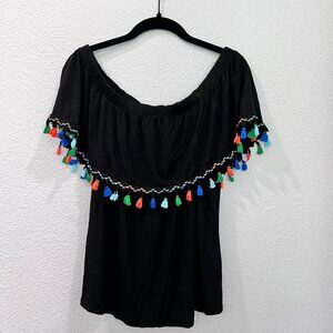 Pebble and Stone Black Off Shoulder Tassel Top